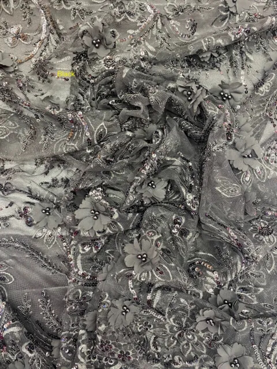 1 Yard 3D Chiffon Flower Pearls Beaded Lace Fabric With Pearls And Sequins 54 Inch Width